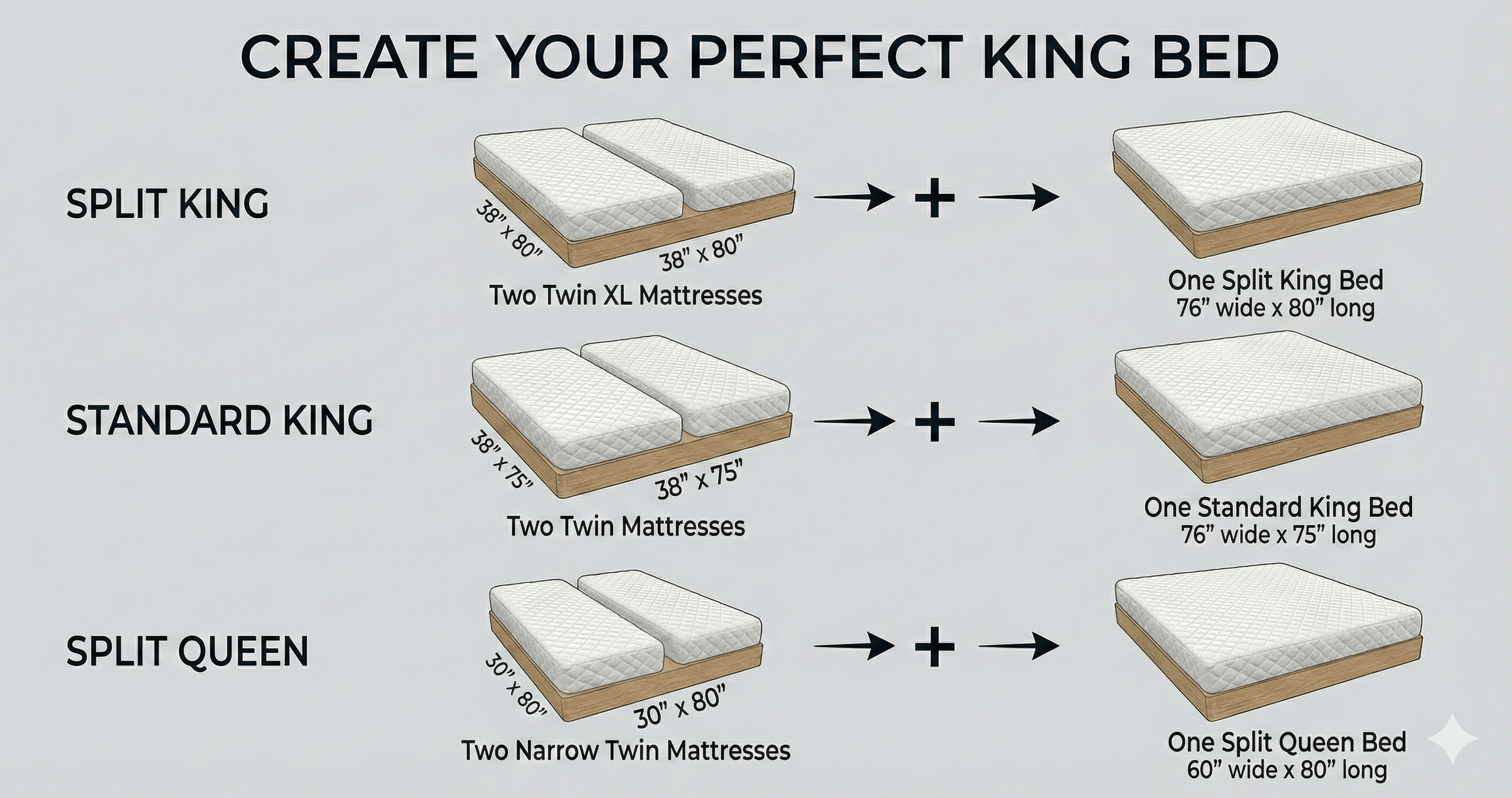 แผนผังการแปลงเตียง Twin เป็น King แสดงกระบวนการ 3 ขั้นตอนเพื่อกำจัดช่องว่างตรงกลาง