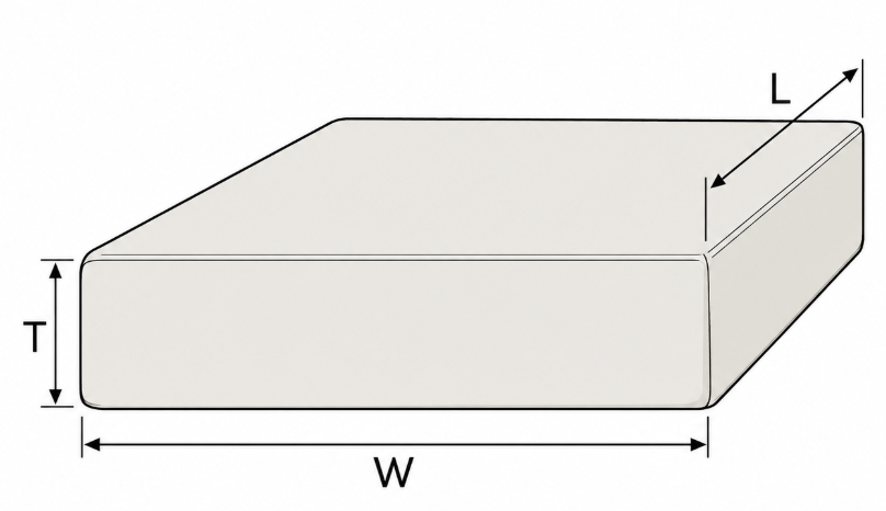 Cushion measurement diagram showing Width (W), Length (L), and Thickness (T)