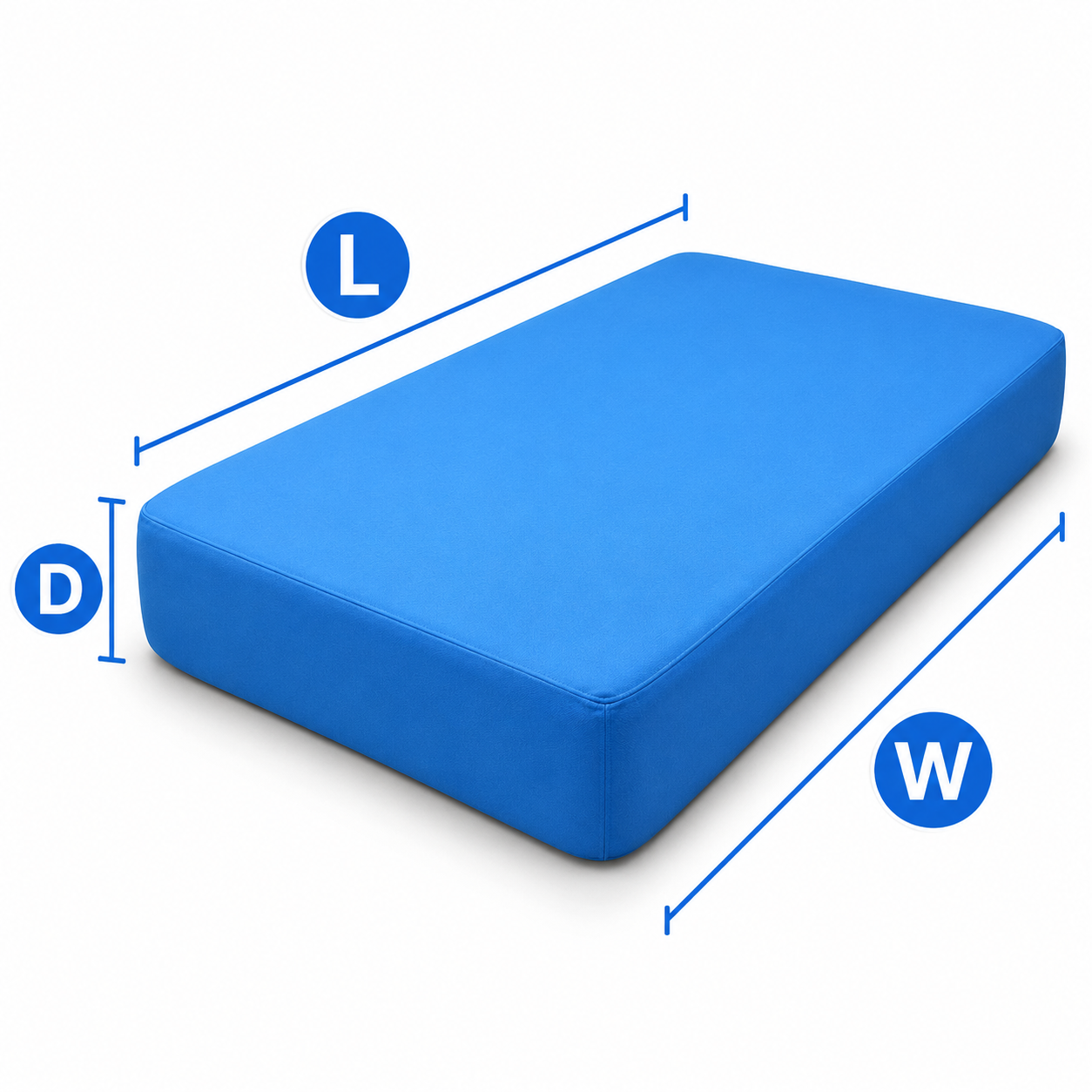 Mattress dimension diagram: Width (W), Length (L), Depth (D)